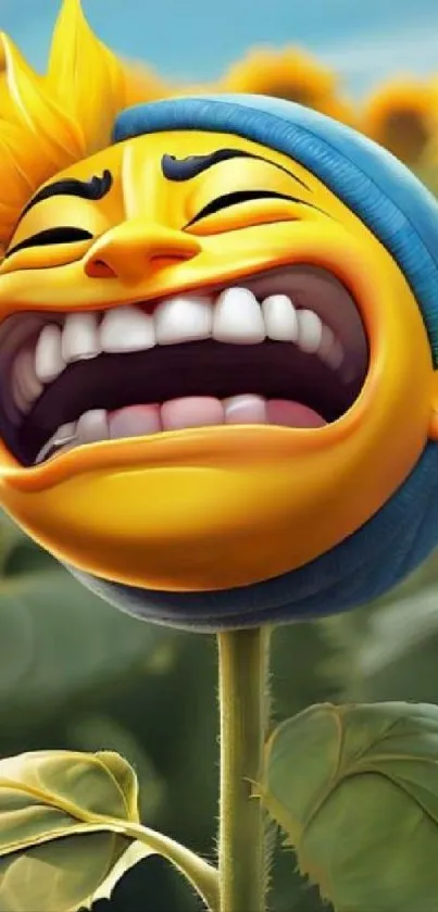 Laughing sunflower emoji in open field mobile wallpaper.
