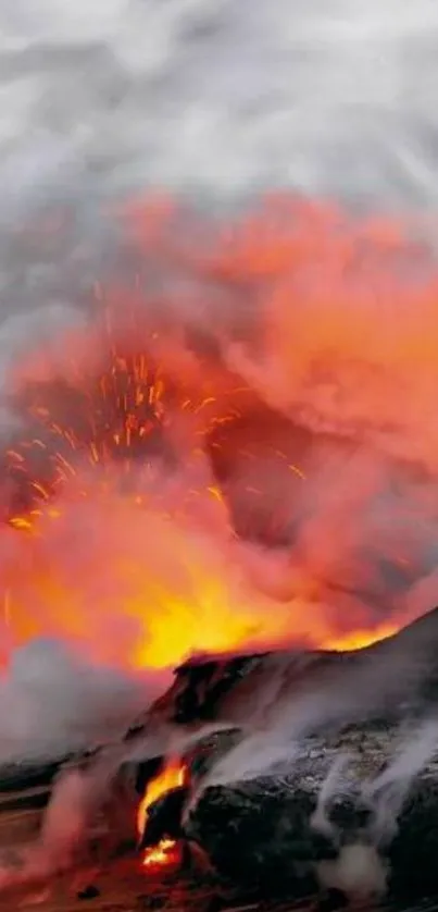 Fiery lava eruption amidst smoke and ash on mobile wallpaper.