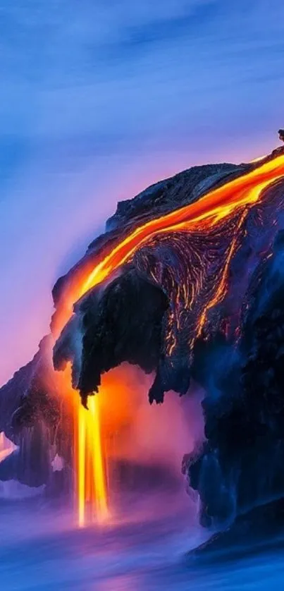 Flowing lava on a cliff against a blue sky.