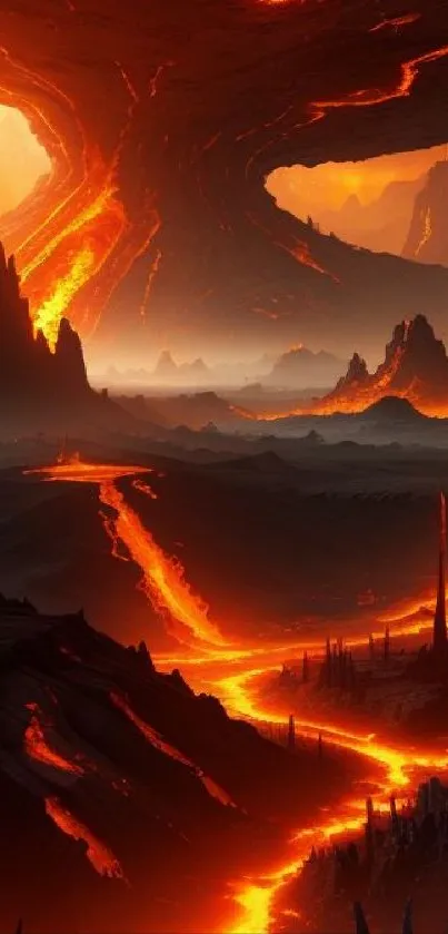 Lava landscape wallpaper with fiery orange tones and dark mountains.