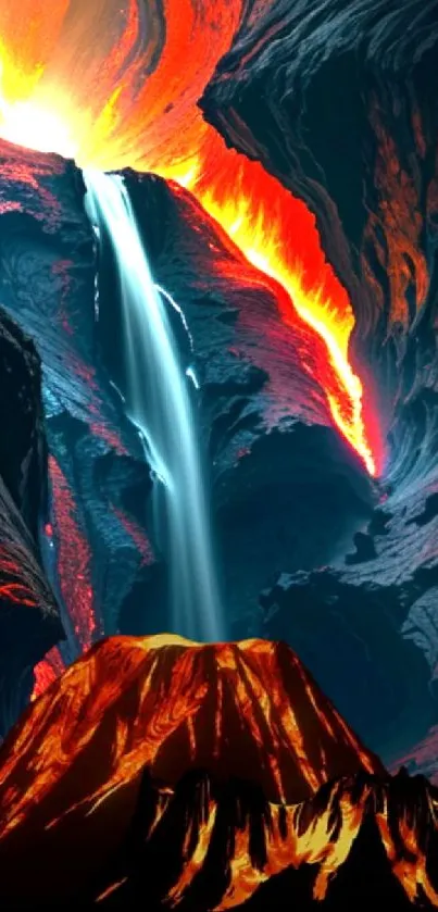 Dramatic wallpaper of a fiery lava mountain and waterfall.