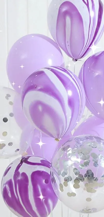 Lavender balloons with marble patterns against a white background.