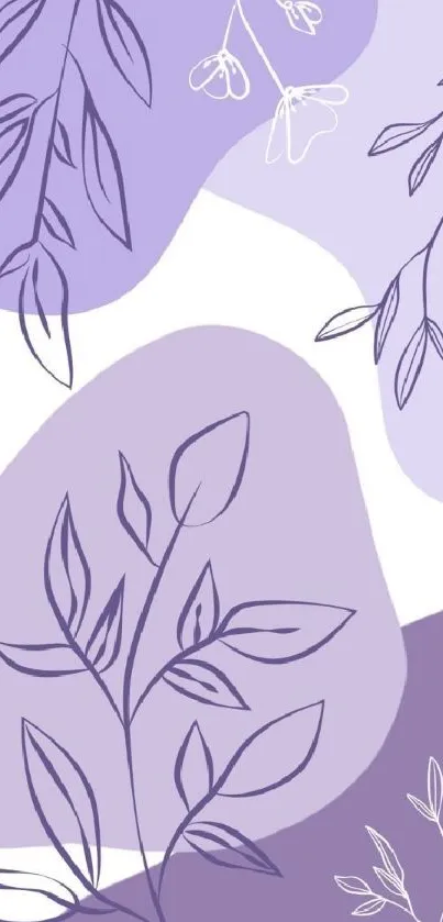 Lavender botanical wallpaper with line art leaves and flowers.