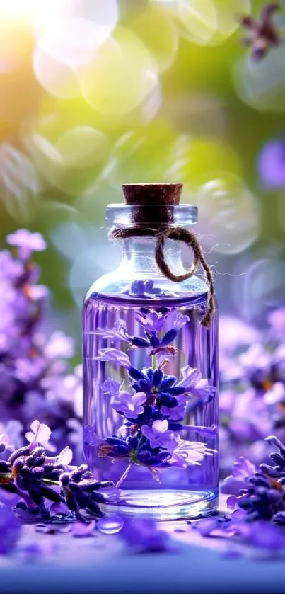 Lavender essence bottle surrounded by purple flowers with bokeh effect.