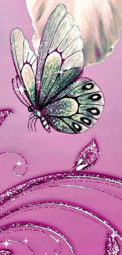 Lavender butterfly with glitter design on a floral background.