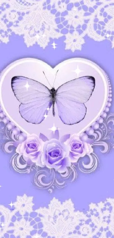 Lavender butterfly in heart with floral lace design.