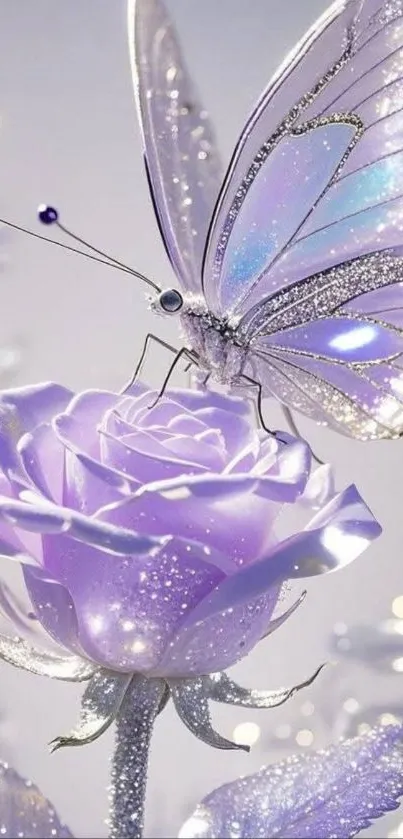 Lavender butterfly resting on a sparkling purple rose.