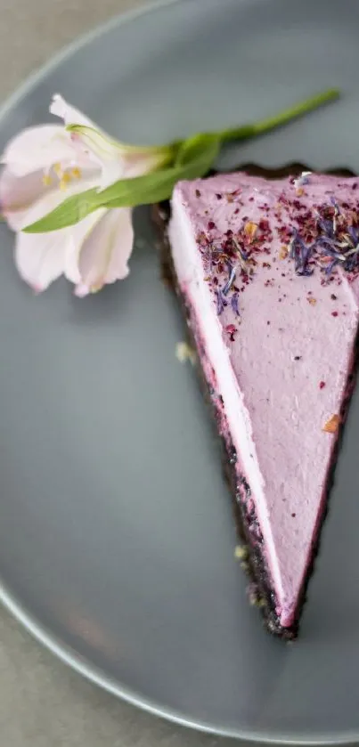 Lavender cake slice on a grey plate with pink flower.