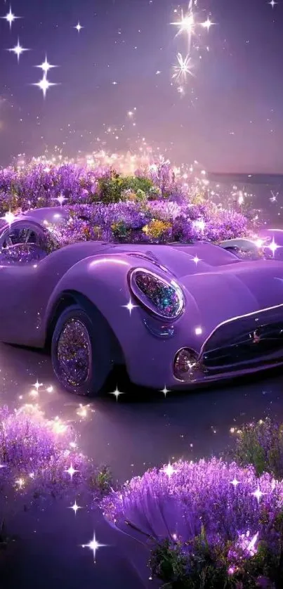 Futuristic purple car in glowing lavender field.