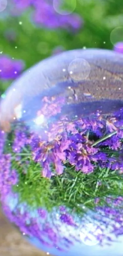 Lavender crystal ball reflecting vibrant flowers.