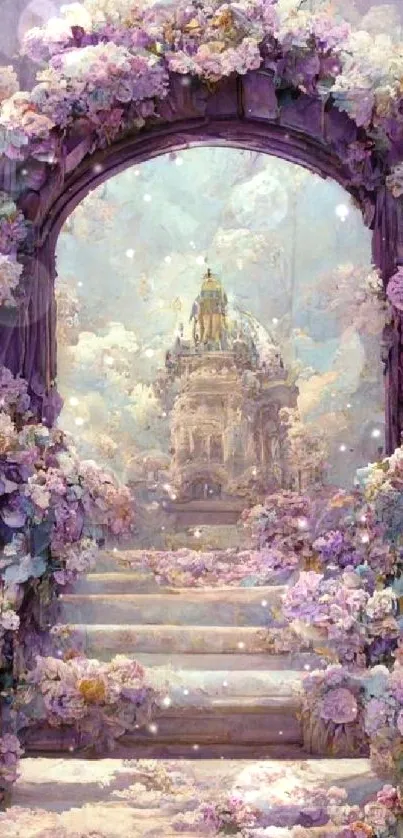 Enchanting floral archway with lavender hues leading to a mystical realm.