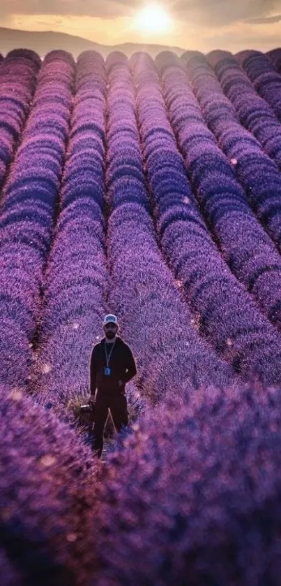 Person standing in a lavender field at sunrise.