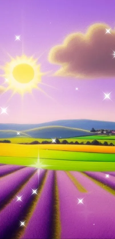 Lavender fields with bright sun and clouds over rolling hills.