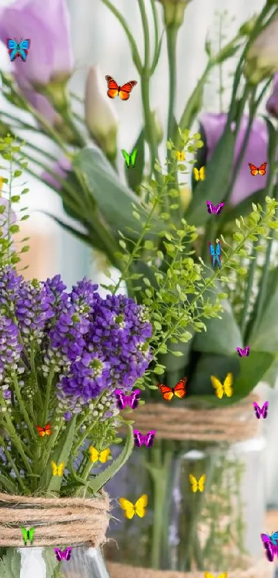 Floral arrangement with lavender and green in a rustic jar on a blurred background.