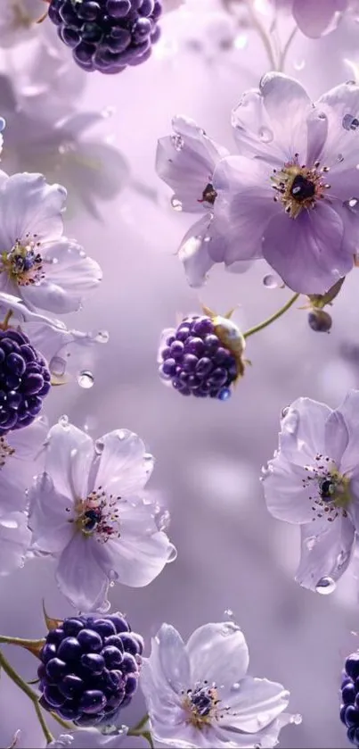 Purple flowers and berries on lavender background wallpaper.