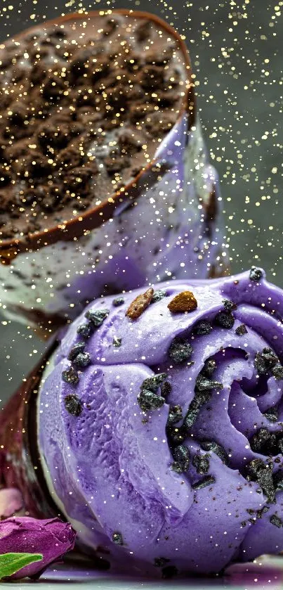 Lavender ice cream with chocolate crumble in a decorative cone.