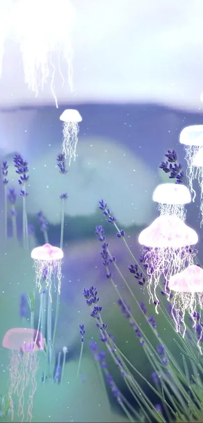 Ethereal jellyfish floating over lavender fields in a serene, dreamlike scene.