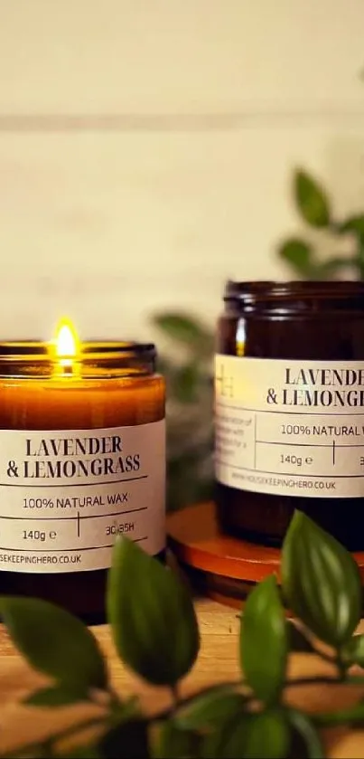 Lavender and lemongrass candles with green leaves.