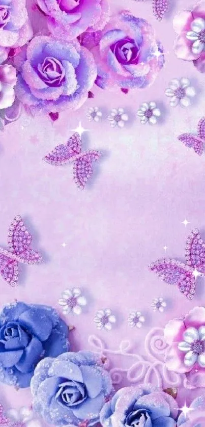 Lavender and pink roses with butterflies on a pastel wallpaper.