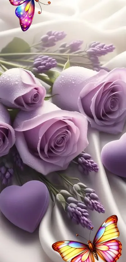 Lavender roses with butterflies on silk background.