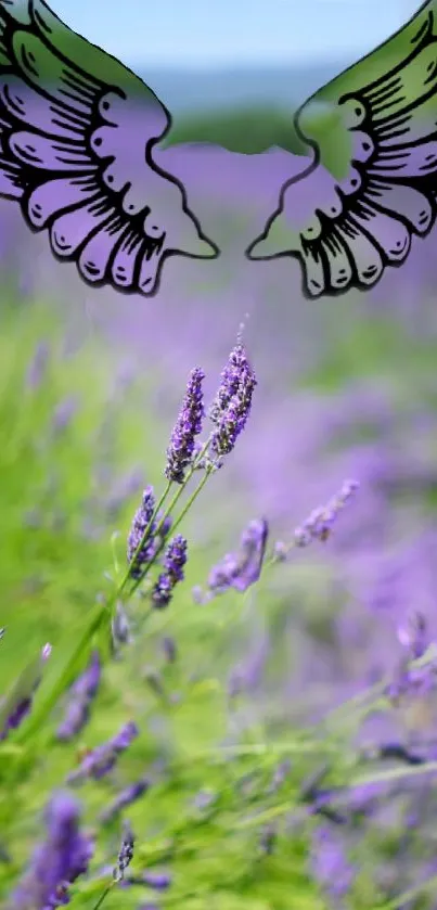 Lavender field with artistic wings design, serene and whimsical.