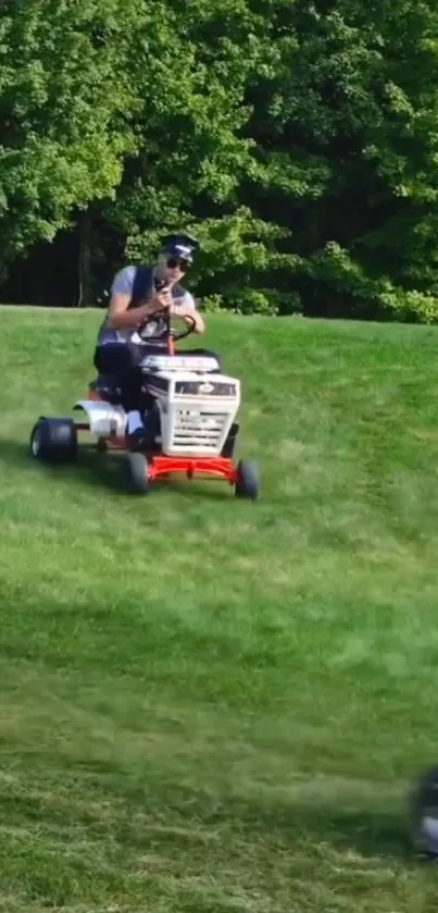 Exciting lawn mower race on green grass landscape.