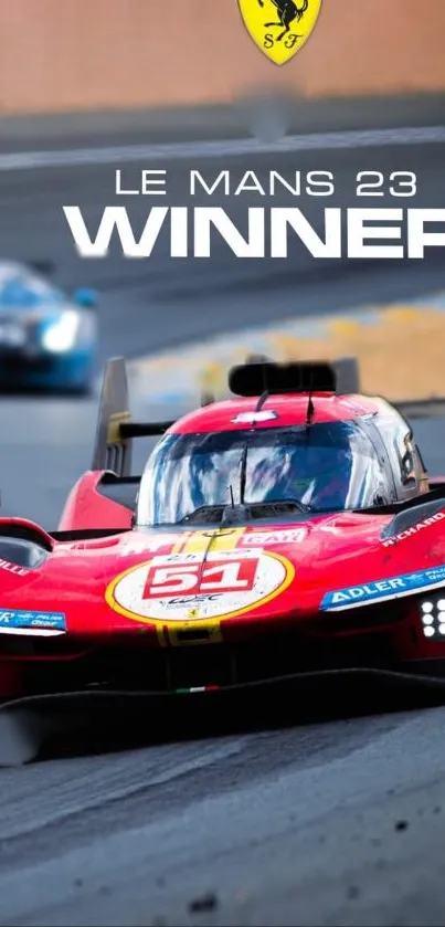 Red racing car winning Le Mans 23.