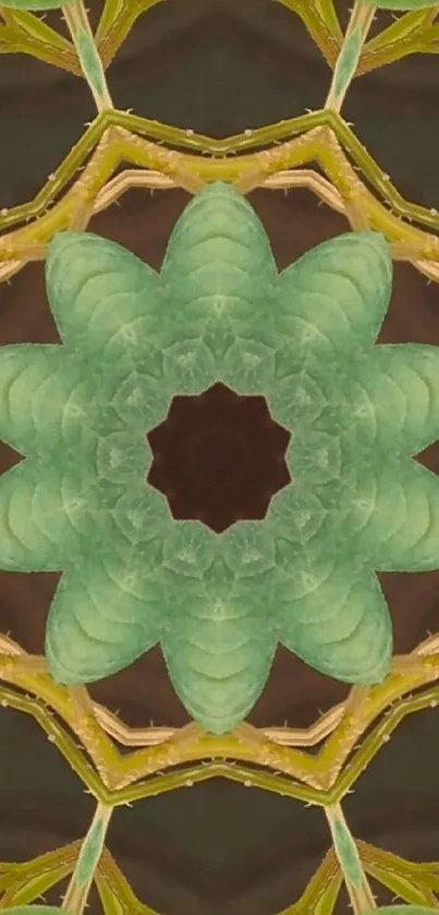 Intricate leaf mandala design in green tones for mobile wallpaper.