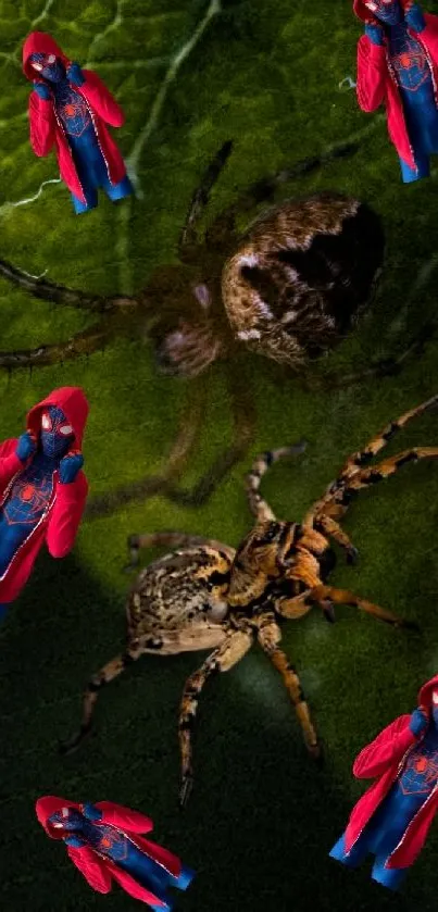 Spider on green leaf with red and blue small figures.