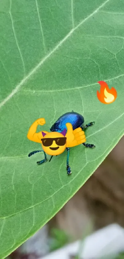 Cartoon bug flexing on a green leaf with fire emoji on phone wallpaper.