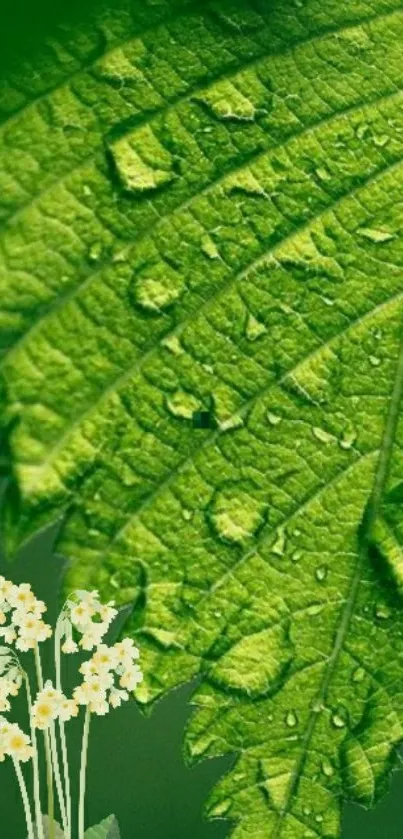 Close-up of leaf with dew and small flowers.