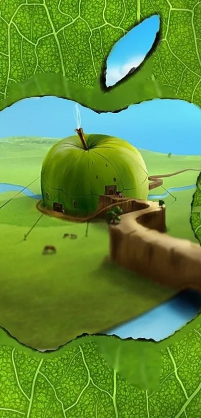 A green apple-shaped house within a leafy design on a mobile wallpaper.