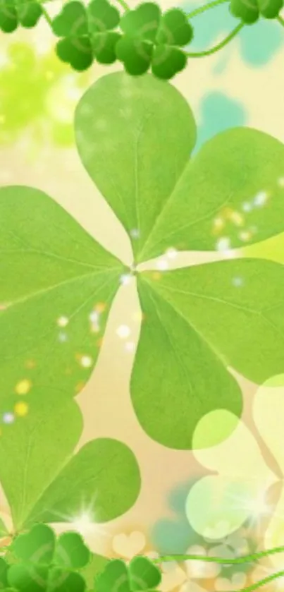 Vibrant leafy clover with sparkle effects on a mobile wallpaper design.