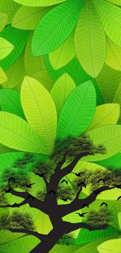 Vibrant green leaf pattern with a silhouetted tree and birds.