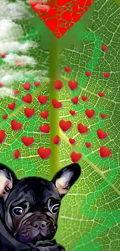 Wallpaper of a puppy with green leaves and red hearts.