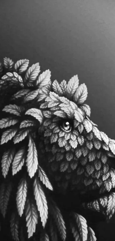 Monochrome lion wallpaper made of leaves, artistic design.