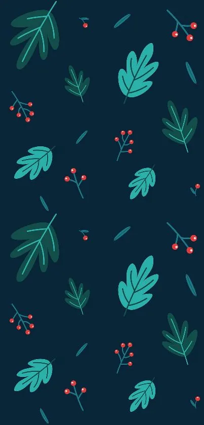 Dark blue wallpaper with teal leaves and red berries pattern.