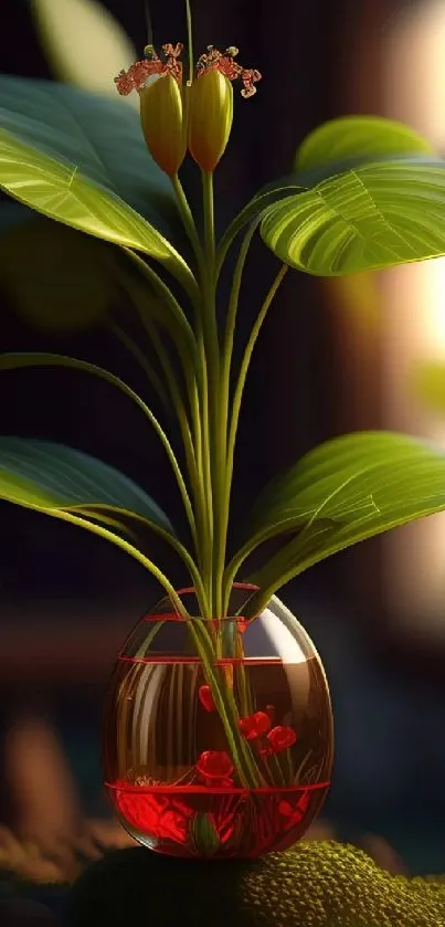 Green leafy plant in a glass vase against a blurred background.