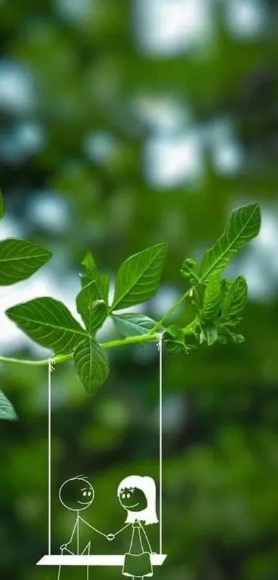 Cute couple on a leafy swing with a green background.