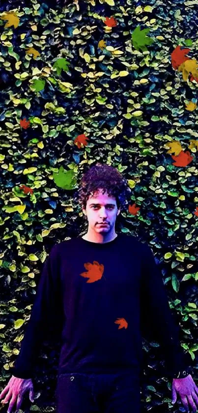 Person standing against a vibrant leaf-covered wall.