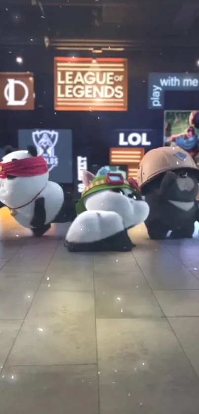 Playful League of Legends panda characters with gaming signs.