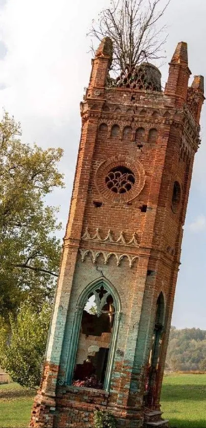 Leaning brick tower in green meadow with trees.