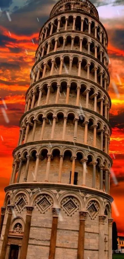 Leaning Tower of Pisa with a vibrant orange sunset sky.