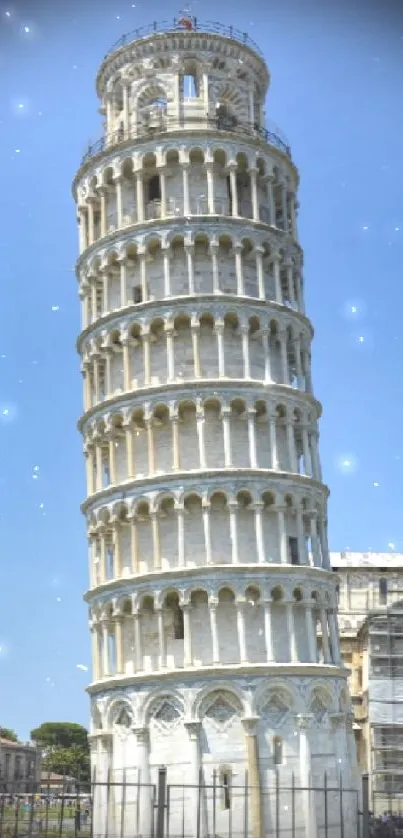 Leaning Tower of Pisa against a clear blue sky.