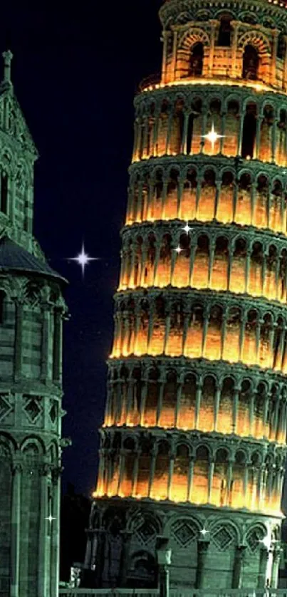 Leaning Tower of Pisa illuminated at night, showcasing historic architecture.