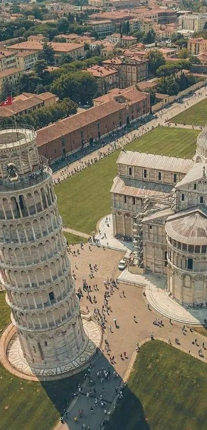 Aerial view of leaning tower and buildings in Pisa.