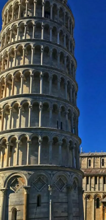 Leaning Tower of Pisa against blue sky.