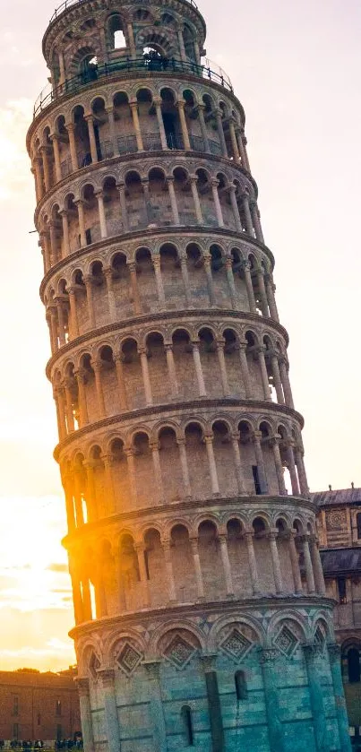 Leaning Tower of Pisa with sunrise glow in vibrant background.