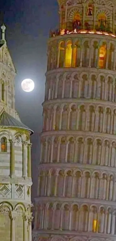 Leaning Tower of Pisa under full moonlit night sky wallpaper.