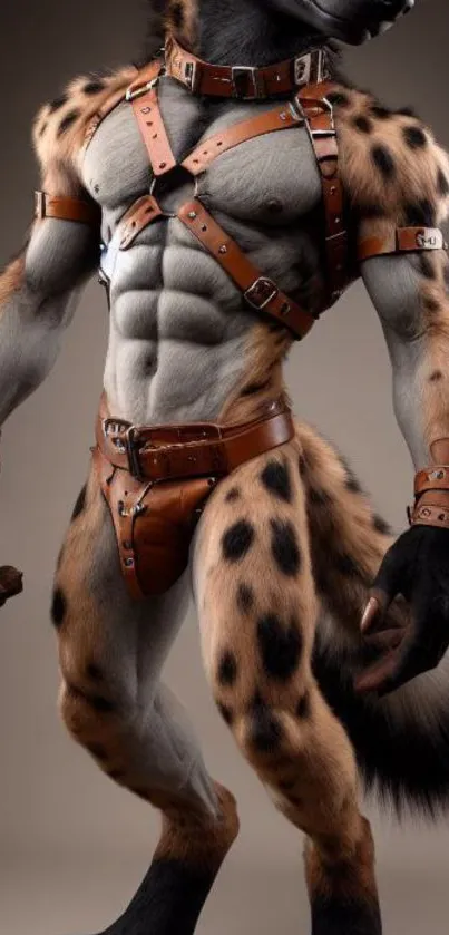 Muscular fantasy creature adorned with leather straps, set on a brown background.